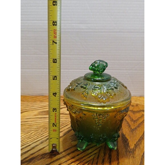 Vintage Jeannette Glass Ombre Amber Green Grape Pattern footed candy dish - Picture 16 of 16